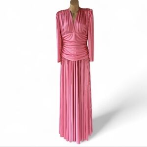 Vintage 70s Pink Ruched Waist Pleated Maxi Dress Long Sleeve Disco Glam M/L